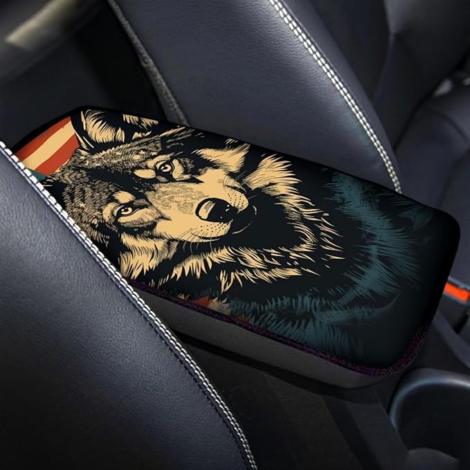 Car Center Console Pad, Universal Waterproof Car Armrest Seat Box Cover, Car Interior Accessories for Most Vehicle SUV Truck Vintage American Flag Wolf Car Armrest Pad