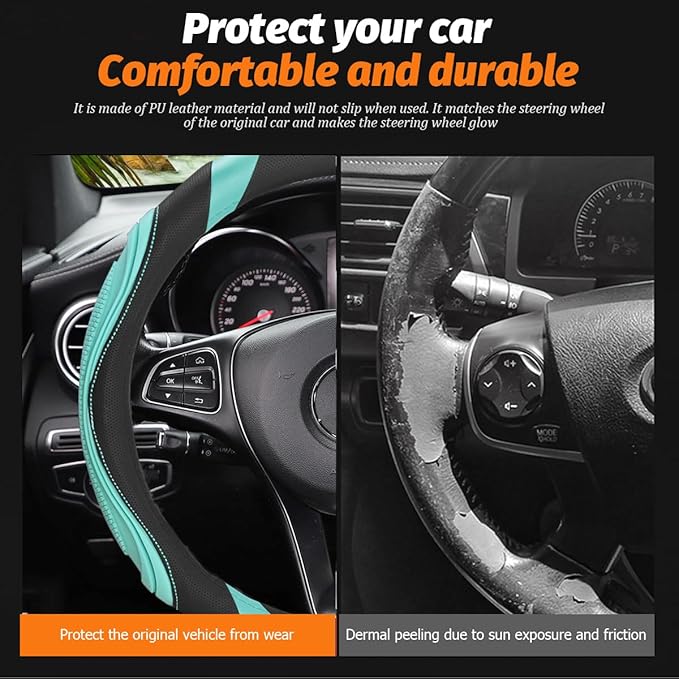 15 Inch Car Leather Steering Wheel Cover, Automotive Accessories Elastic Breathable Anti-Slip Soft Wheel Protector Fits Men and Women, Suitable for SUVs, Trucks, Vehicles and RVs (Green)