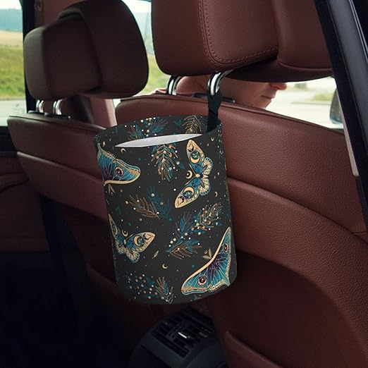 KXWQTRDD Car Garbage Bag Boho Butterflies Stars Mini Car Trash Bin Portable Collapsible Waterproof Rubbish Bag for Car Accessories Back Front Seat Cup Holder