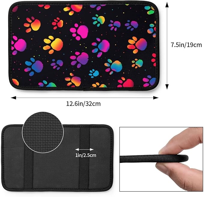 indokyeyqaz Universal Car Center Console Cushion Pad, Colorful Dog Paw Prints Soft Waterproof Car Center Console Cover Auto Armrest Seat Box Cover Protector for Most Vehicle SUV Truck Car