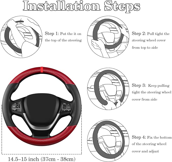Black & Red Carbon Fiber Leather Steering Wheel Cover, Microfiber Leather, Anti-Slip, Breathable, Universal Fit for 14.5–15 in Steering Wheel Cover for Men Women