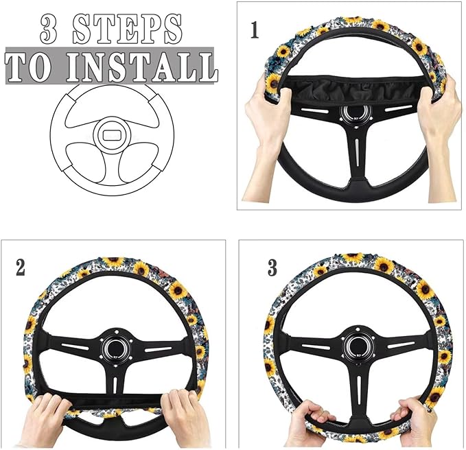 Universal Non-Slip Steering Wheel Cover, 15-inch Polyester Material Driving Accessories, Adjustable for Car and Truck(Indigo Leopard Sunflower)