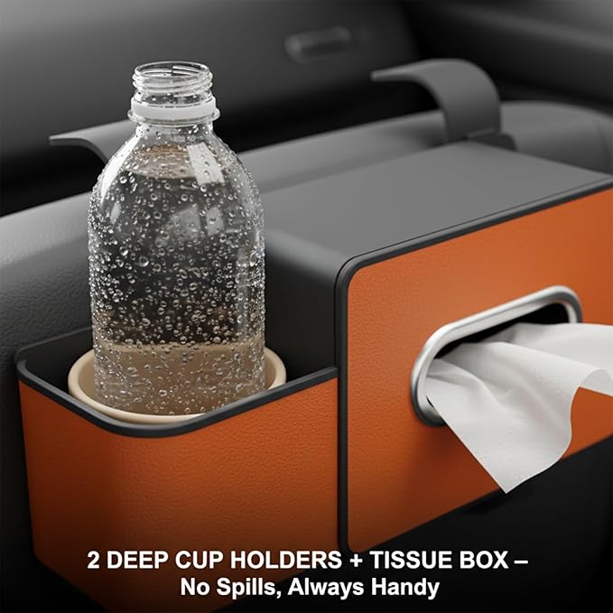 Car Organizers and Storage Box, 4 in 1 Multifunctional Car Organizer Back Seat with 2 Cup Holders & Tissue Box, Backseat Cars Organizer for Hold Phone, Snacks, Drinks, Handbag(Orange,2Pcs)