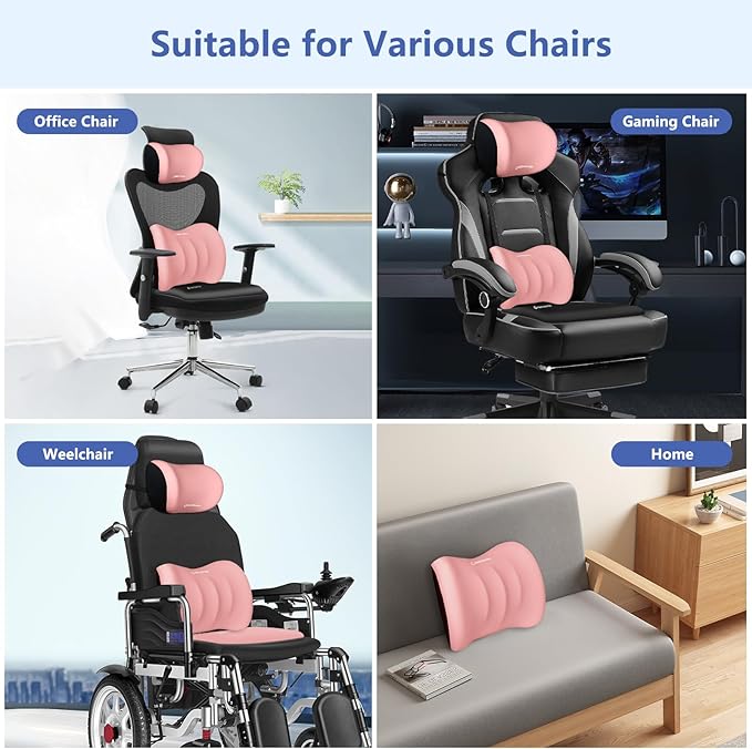 GEEYONTEK Car Seat Cushion with Neck Pillow & Lumbar Support Kit Back Sciatica Tailbone Pain Relief Car Pillows Ergonomic Memory Foam Back Support for Driving Seat Office Chair Wheelchair Pink
