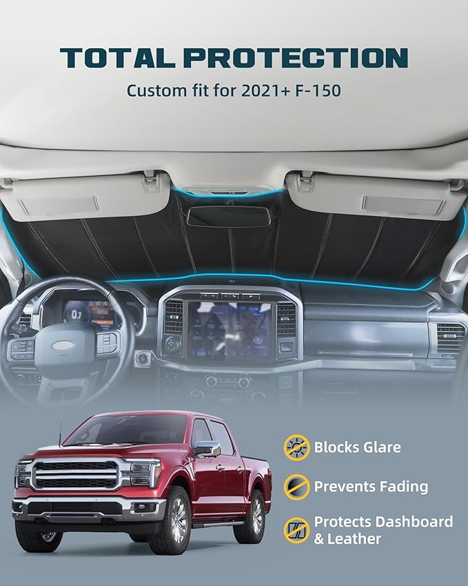 Trumgeta Upgraded Windshield Sun Shade Fit for Ford F-150 2021–2026, Complete UV Blocking Foldable Sunshade, Long-Lasting Interior Protector
