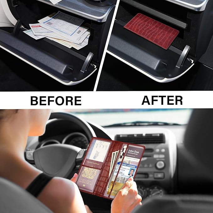Registration and Insurance Card Holder, Red Vehicle Glove Box Car Organizer with Magnetic Closure for Documents, Cards, License Car Organization, 1 Pack
