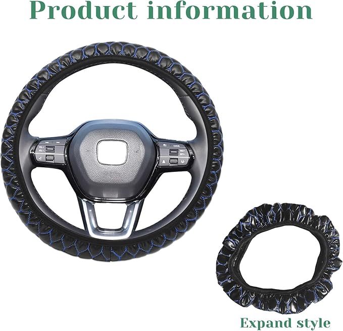 Elastic Stretch Steering Wheel Cover Soft Steering Wheel Protector, Universal 15 inch, Microfiber Breathable Leather, Anti-Slip, Easy Carry, Black with Blue Stitch