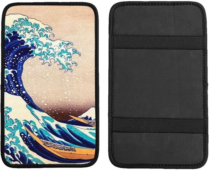 DORKEIXIA Japan Kanagawa Great Wave Auto Center Console Armrest Pad Universal Car Center Console Cover Seat Box Cover for Sedan, Van, SUV, Truck Car Accessorie