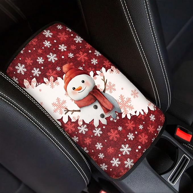 Cute Snowman Auto Armrest Console Accessories Center Console Cover Soft Car Console Covers Protect from Pet Claws Fit Most Cars, Truck, SUV, or Van
