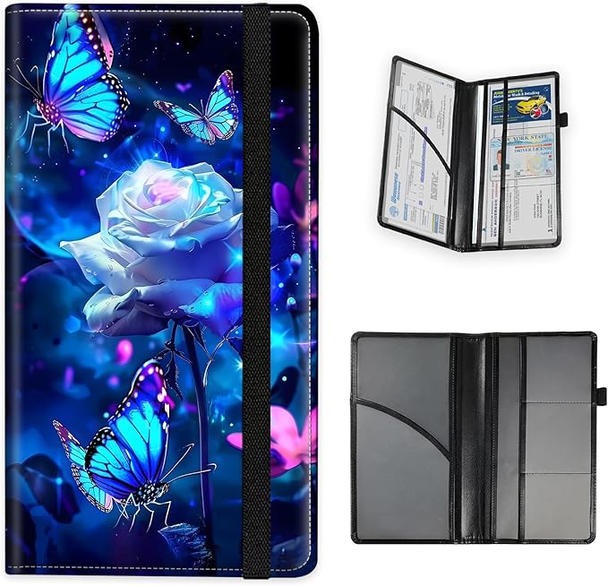 Tudguiloae Car Registration and Insurance Card Holder, Trunk Document Holder Organizer, Essential Vehicle Glove Box Organizer Leather Wallet for Driver, Purple Roses Butterflies