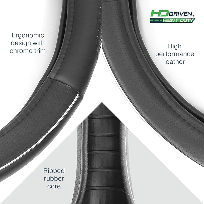 HD Driven SWC Premium Black Leather Steering Wheel Cover with Massage Grip – 18” Diameter for Semi-Trucks, Ribbed Rubber Core & High-Performance Leather, Vehicle Accessories