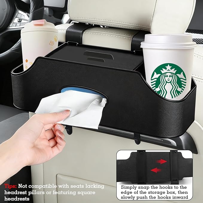 SADIFOKPLY Back Seat Car Organizer, Upgraded Multifunctional Car Storage Box, Hanging Back Seat Storage Organizer, with Phone Holder, Tissue Box, Cup Holders, Hooks (Type B - Black)