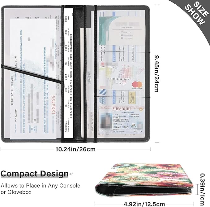 ALAZA Vintage Flowers Floral Car Registration and Insurance Card Holder Vehicle Glove Box Car Organizer Driver License Documents Holder Waller Case Organizers