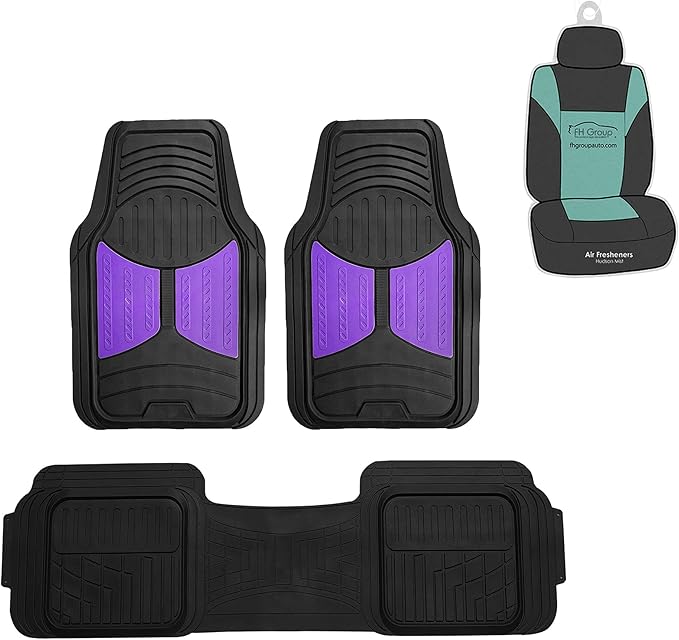 FH Group Car Floor Mats Climaproof™ Heavy Duty Rubber Floor Mats for Sedan, SUV,Truck Floor Mats, Universal Fit Automotive Floor Mats Trimmable Full Purple Set, Combo Small Car Seat Cover Design