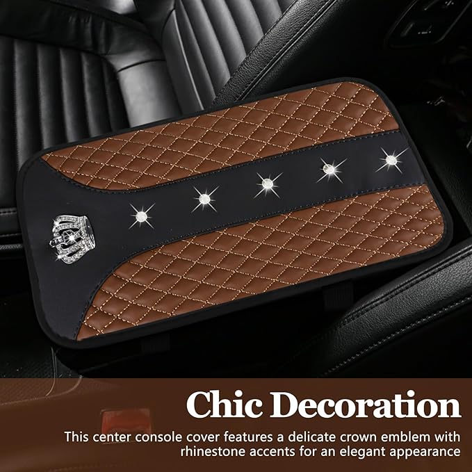 Bling Crown Car Center Console Cover, 12.7"×7.7" Armrest Cover for Cars, Waterproof Leather Arm Rest Box Pad Cushion, Universal Middle Console Cover Protector, Car Accessories (Coffee)