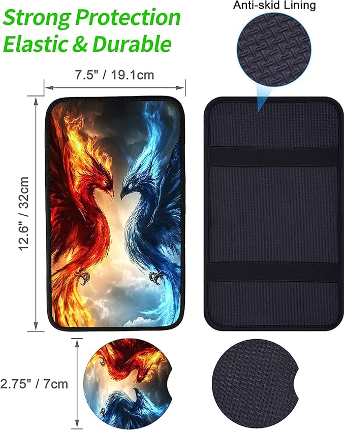 JANENFNA Car Armrest Cover Pads Universal Fashion Cute Auto Center Console Armrest Cover Pad with 2PCS Car Coasters Soft Waterproof Car Armrest Seat Protector for Women,LCE Fire Phoenix