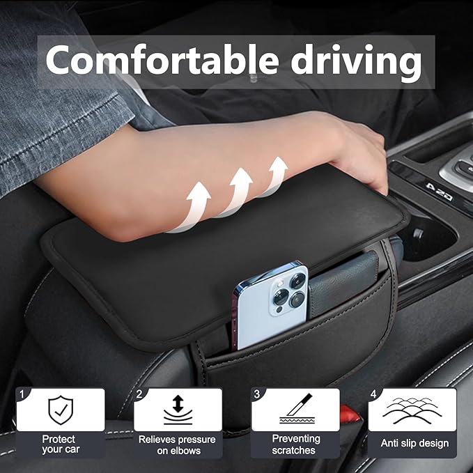 Car Center Console Cover Leather Armrest Cover Cushion with 2 Storage Bags Universal Car Armrest Seat Box Pad Car Interior Accessories Protector for Most Vehicle (Black)
