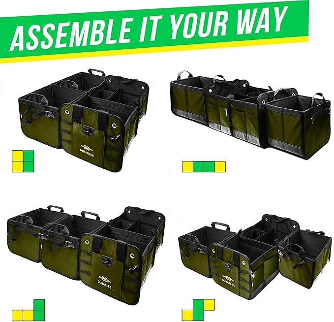 DURABLEZ 4-Section Extra Large Trunk Organizer – Heavy Duty 1680D, Collapsible & Foldable Cargo Organizer, Modular Multi-Shape Storage System for SUVs, Trucks, Vans – Green