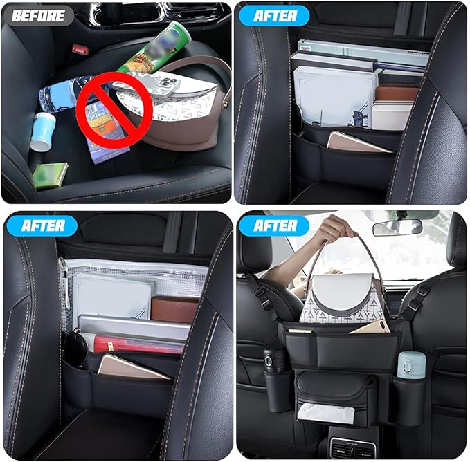 Car Handbag Holder Between Seats, Leather Large Capacity Vehicle Front Seat Storage Bag with Tissue Holder, Multi-Pocket Automotive Console Organizer, Universal for SUV RV Truck (Style2)
