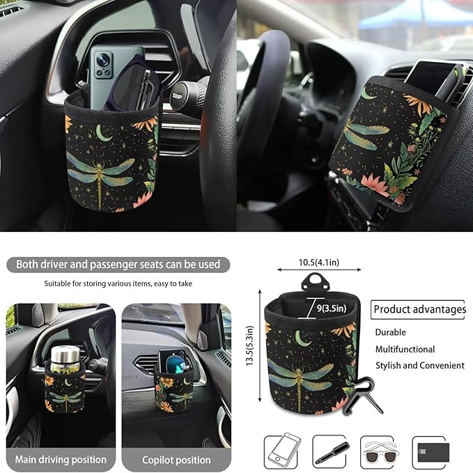 Dragonfly Flower Printed Car Interior Cover Sets, Set of 10, Includes Car Front and Rear Seat Protector, 15 Inch Steering Wheel Cover, Coaster, Trash Can, Air Vent Storage Bag, Keychain
