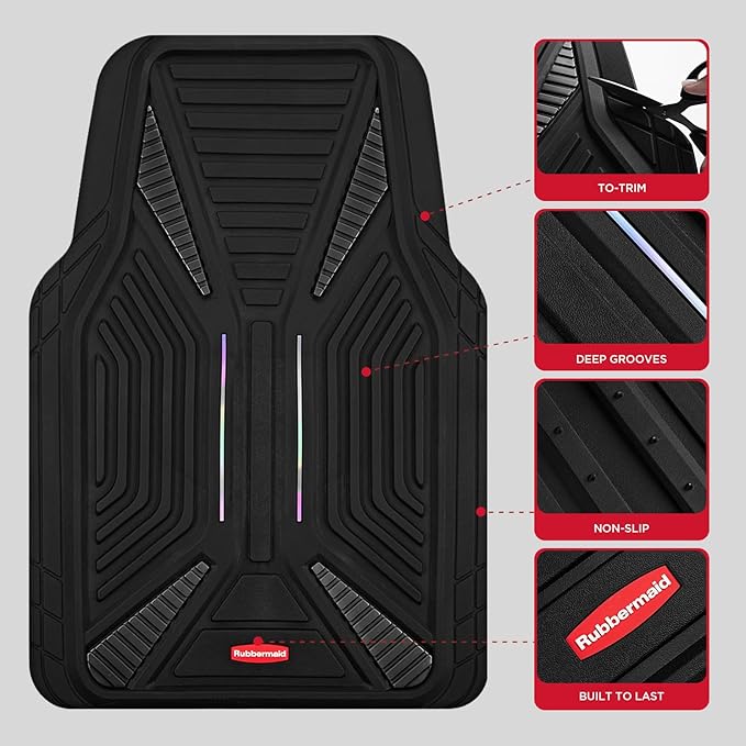 Rubbermaid Car Mat Full Set, Universal Trim-to-Fit Heavy-Duty Car Floor Mats – 4-Piece Set for All Weather Protection – Durable Rubber Mat for Cars, Trucks, SUVs & Vans-Black