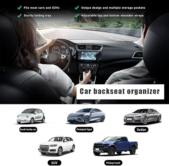 Car Backseat Organizer with Tablet Holder, 9 Storage Pockets PU Leather Foldable Table Tray Seat Back Protectors, Car Seat Back Protectors Kick Mats Car Accessories (Black)