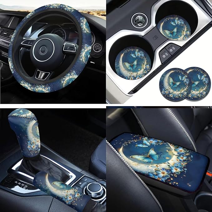 6 PCS Blue Starlit Sky Car Steering Wheel Cover Butterfly Car Interior Decor Handbrake Cover Cup Coaster Universal Fit Auto,Suvs,Truck