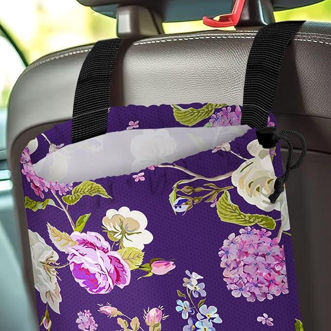 GEGEPINK Car Trash Bag Hanging Back of Seat Waterproof Small Cute Printed One-Handed Strap Drawstring Garbage Bags for Car-Purple Floral
