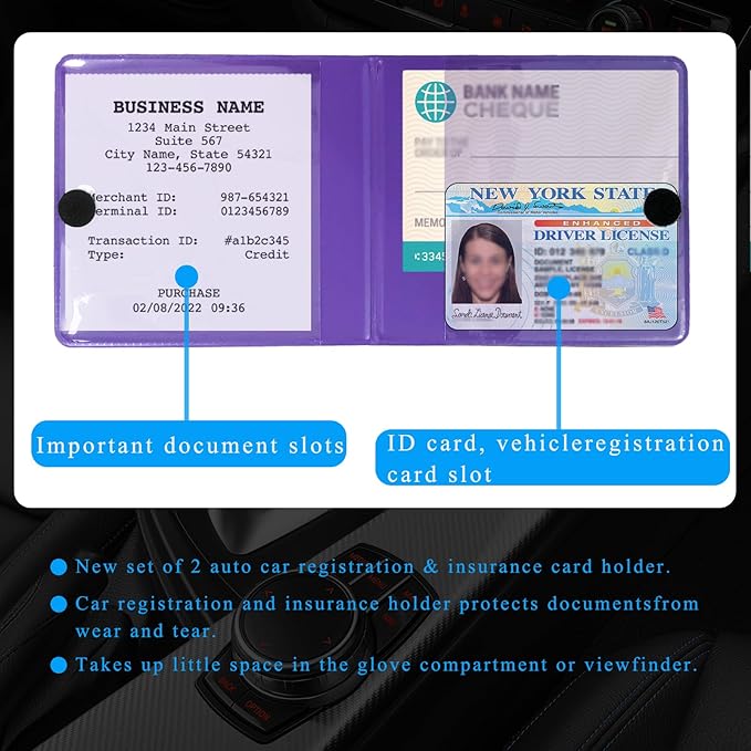Kewucn 2 PCS Car Registration Insurance Holder, Essential Auto Card Glove Box Organizer, Vehicle Interior Accessories Perfect for Most Car, Truck, SUV (10.55''×4.8'', Purple)