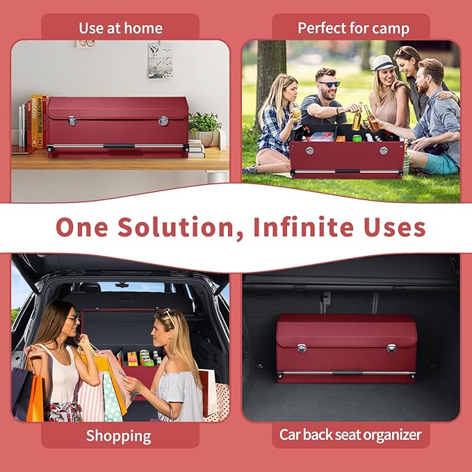 XCF Car Trunk Organizer, Trunk Organizer for SUV with Push-pull Handle and Lid Car Leather Trunk Storage Box (Claret, 27.17 x 11.42 x 12.2in)
