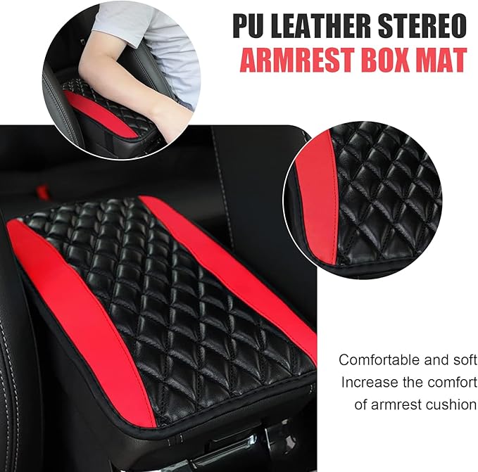 Car Center Console Cover, Patchwork Leather Center Console Cushion Pad, Waterproof Dustproof Auto Armrest Seat Box Cover Protector, Comfortable Armrest Pad for Car, Sedan, SUV, Van (Red)