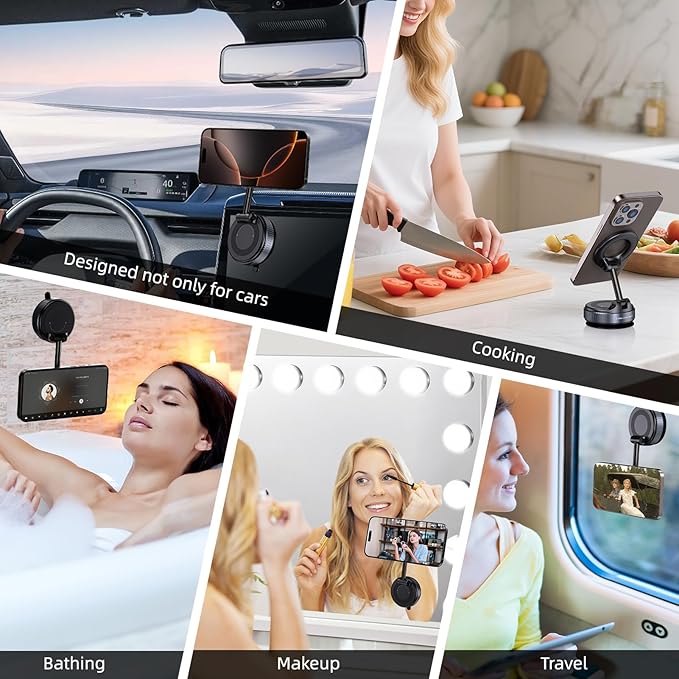 Jikasho Vacuum Magnetic Suction Phone Holder, Foldable and Retractable Hands-Free Suction Cup Phone Mount for Car/Gym/Mirror/Smooth Surface, Compatible with iPhone and Android (Space Grey)