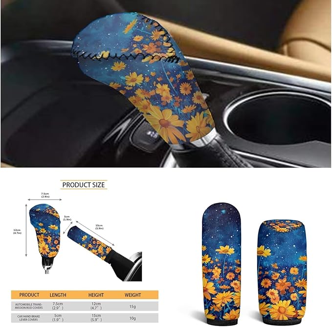 Daisy Print Car 6 PCS Set Steering Wheel Cover Women Yellow Daisy Handbrake Gear Cover Car Interior Accessories for Men Women