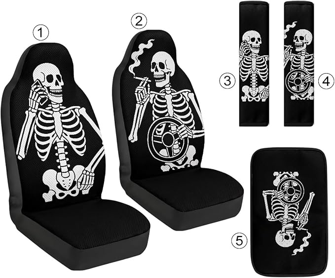 Qeluxign Funny Skeleton Automotive Seat Covers 5 Piece Universal Fit Car Accessories with Soft 2 Pack Seat Belt Cover Pads and Center Console Armrest Covers for SUV Truck Interior Set