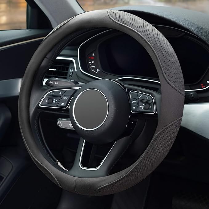 ZHO Microfiber Leather Steering Wheel Cover, Universal 14.5-15 Inch Breathable Anti-Slip Odorless Car Steering Wheels Accessories for Men Women, Black