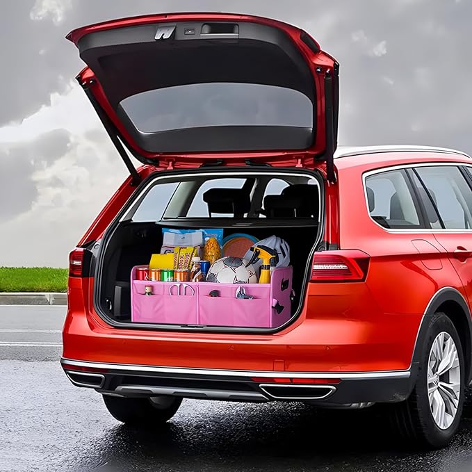titiyiof Trunk Organizer For Suv & Sedan,Car Organizers and Storage, Waterproof Collapsible & Adjustable Straps,75L Sturdy Car Organization for Car Accessories, Tools,Sundries,2-3 Compartment（Pink）