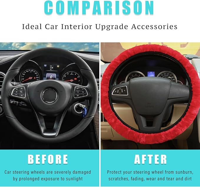 Ziciner Elastic Fuzzy Steering Wheel Cover, 15'' Soft Steering Wheel Protector for Warm Winter, Anti-Slip Fluffy Car Wheel Covers, Universal Car Interior Decor Accessories for Women Men (Red)