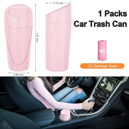 Kincown Car Trash Can, Mini Car Trash Bin with Lid, Leakproof Cup Holder Car Garbage Can with 20 Trash Bags, Vehicle Front Back Seat Organizers and Storage for Car, Home, Office, Pink