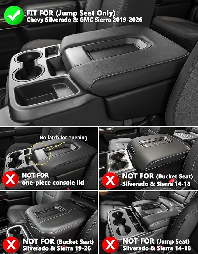 Center Console Armrest Cover for GMC Sierra & Chevy Silverado 2019-2026, 40/20/40 Jump Seat, Middle Console Lid Protector, Midlle-cut, Vinyl Leather Accessories, Anti-scratch, Black