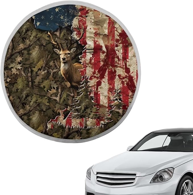 17x17 inch Steering Wheel Sun Shade Steering Wheel Sun Cover Heat Resistant Vehicle Accessories Universal Fit Car SUV Truck Van, American Flag Deer Elk Deadwood Pattern