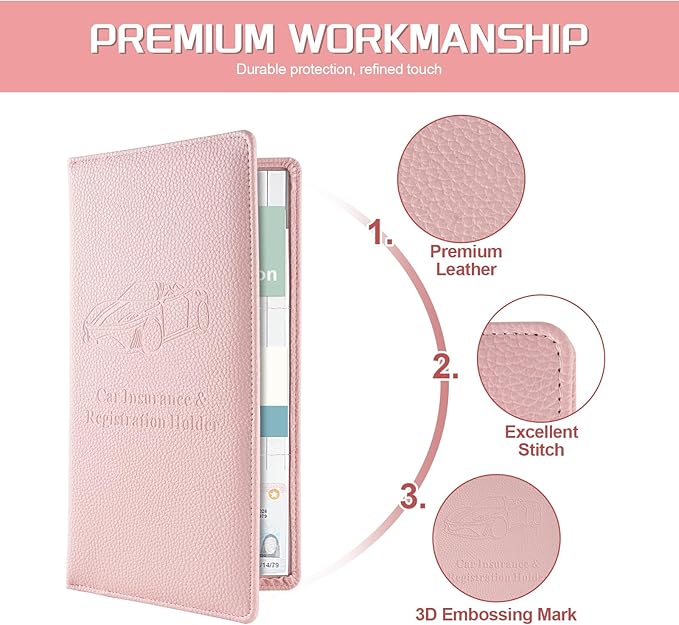 JUSTTOP 1Pack Car Registration and Insurance Holder,Car Document Holder for Cards License with Magnetic Shut,Vehicle Glove Box Car Organizer for Documents, Cards, License(Embossed leather Pink)