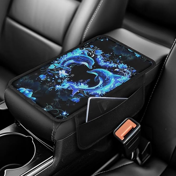 BIGCARJOB Neon Dolphin Car Center Console Cover with Side Storage Auto Interior Accessories Cute Car Armrest Seat Box Cover Cushion Universal Car Armrest Organizer