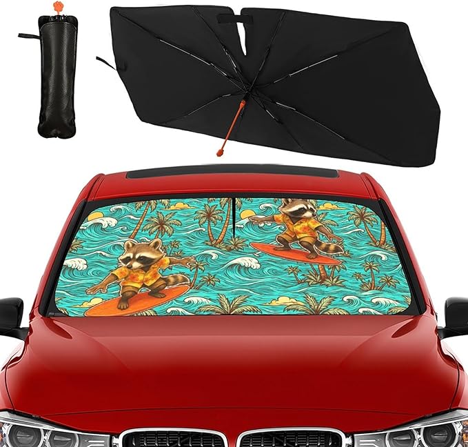 DOPINDU Hawaiian Raccoon Car Windshield Sun Shade Umbrella Bendable Handle Foldable Funny Sunshade for Car Windshield Block UV Rays Keep Vehicle Cool for Most Sedans SUV Trucks Cars 57"x30"