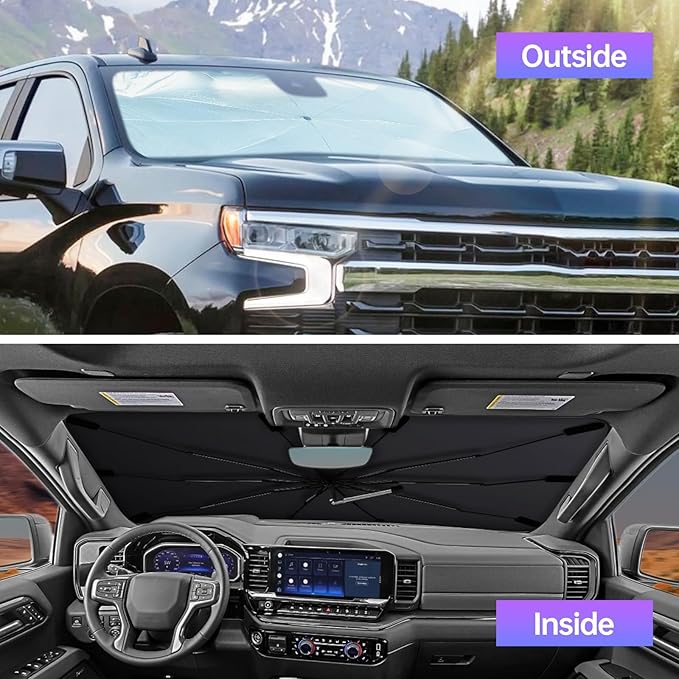 [2025 Upgraded] Windshield Sun Shade Umbrella, Foldable Car Sunshade for Trucks & SUVs with UV Protection, Heat Insulation & Automotive Interior Sun Protection for Outdoor Parking Camping (X-Large)