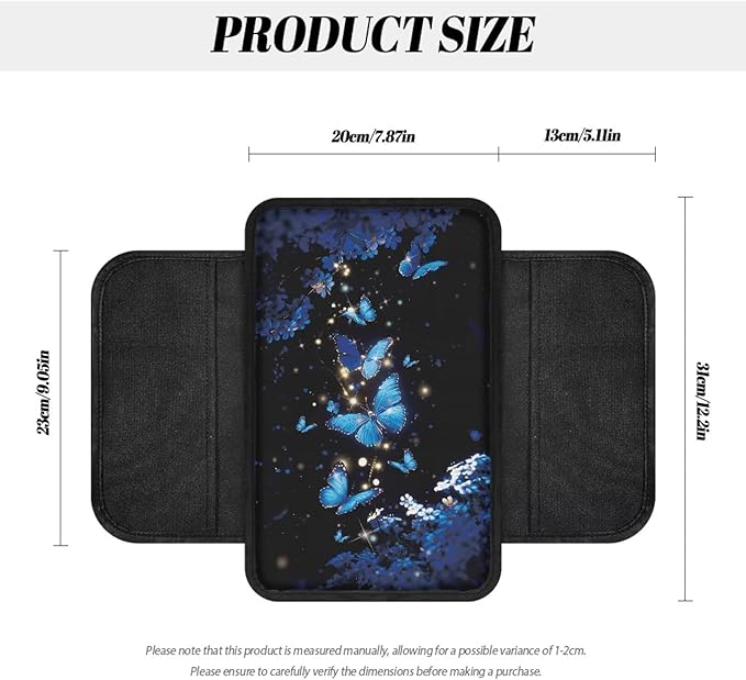 Dreaweet Car Armrest Cover Pad Blue Butterfly Flower Print Center Console Covers with Pockets for Car SUV Truck Sedan,Universal Washable Arm Rest Cover for Car