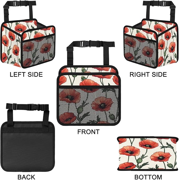 Flowers Poppies Car Backseat Organizer PU Leather Red Floral Truck Back Seat Trash Bag Universal Hanging Storage Box Travel Accessories Foldable