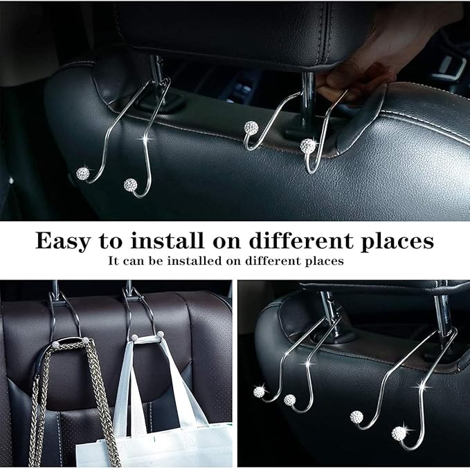 Bling Car Seat Hooks, Rhinestone Universal Organizer Hooks Car Headrest Hangers Hooks, Bag Organizers Rack and Hanger, Strong and Durable Auto Backseat Storage Hooks (A-Black)