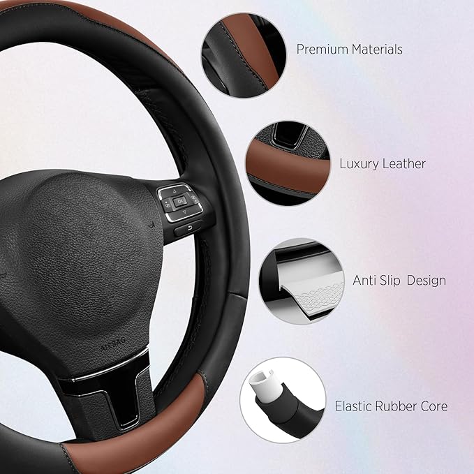 Road Comforts Steering Wheel Cover, Breathable Anti-Slip Leather Steering Wheel Cover, Universal Fit 14.5–15 Inch, Comfortable Grip - Brown Color