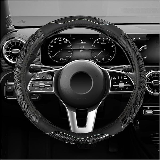 Carbon Fiber Steering Wheel Cover, Non-Slip Leather Steering Wheel Protector with 3D Honeycomb Design, Comfy Grip Breathable Sporty Auto Wheel Wrap for Most Cars Trucks SUVs (Black)