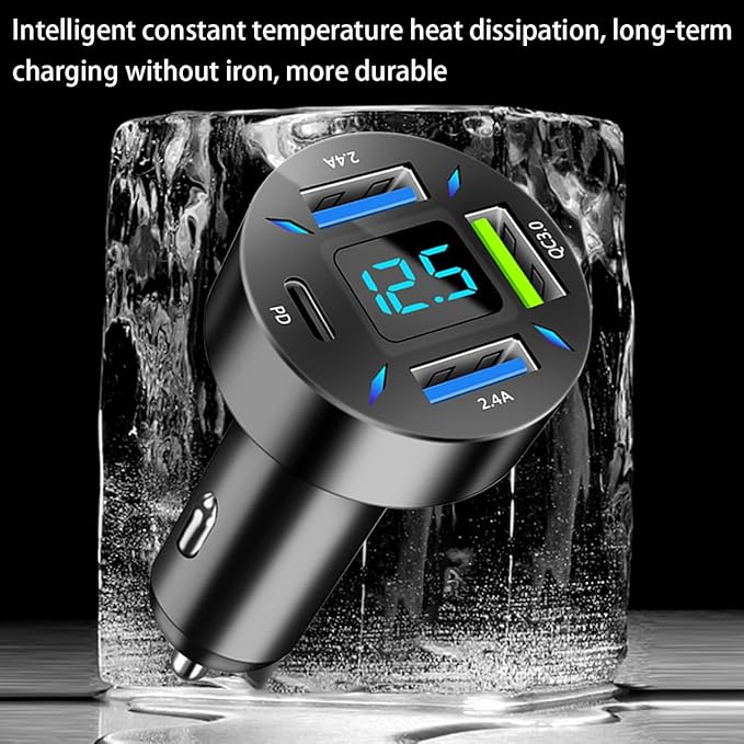 4 Ports USB Car Charger, 66W Super Fast Charging with QC 3.0, PD 20W and USB 2.4A Charger Adapter, Quick Charge with LED Voltmeter, Auto Cigarette Lighter Plug (PD20W+QC3.0+2.4A, 1PCS)